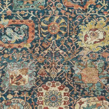 3' X 5' Navy Blue Terra Cotta And Beige Damask Washable Indoor Outdoor Area Rug