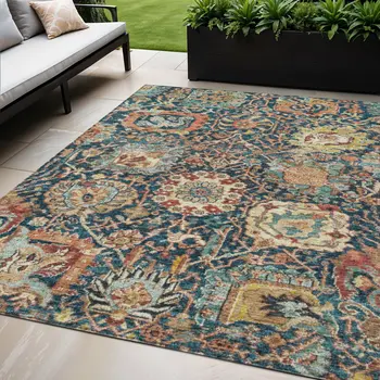 5' X 8' Navy Blue Terra Cotta And Beige Damask Washable Indoor Outdoor Area Rug
