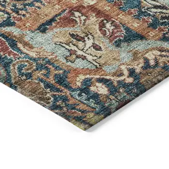 5' X 8' Navy Blue Terra Cotta And Beige Damask Washable Indoor Outdoor Area Rug