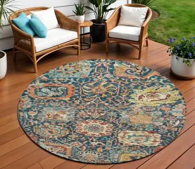 8' Navy Blue Terra Cotta And Beige Round Damask Washable Indoor Outdoor Area Rug
