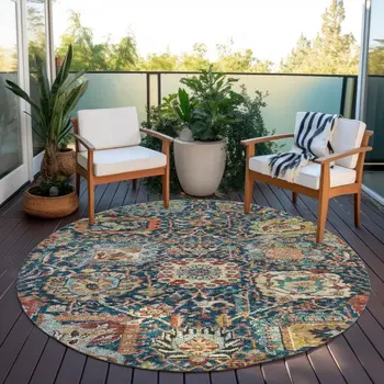 8' Navy Blue Terra Cotta And Beige Round Damask Washable Indoor Outdoor Area Rug