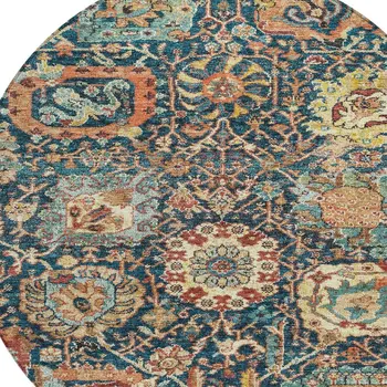 8' Navy Blue Terra Cotta And Beige Round Damask Washable Indoor Outdoor Area Rug