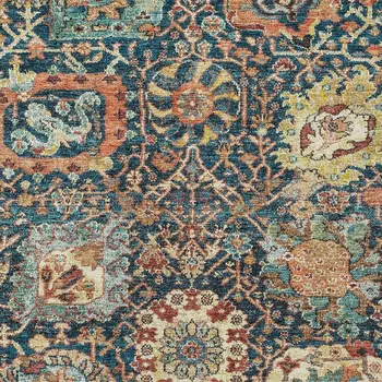 9' X 12' Navy Blue Terra Cotta And Beige Damask Washable Indoor Outdoor Area Rug