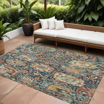 10' X 14' Navy Blue Terra Cotta And Beige Damask Washable Indoor Outdoor Area Rug
