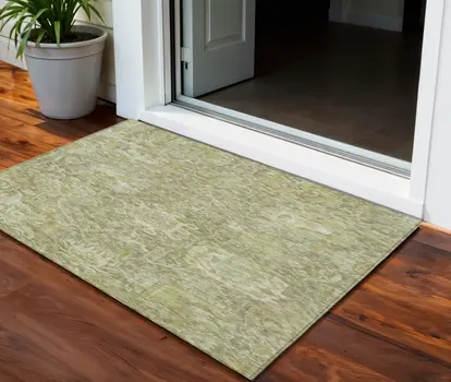3' X 5' Sage And Green Damask Washable Indoor Outdoor Area Rug