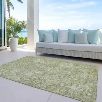 3' X 5' Sage And Green Damask Washable Indoor Outdoor Area Rug