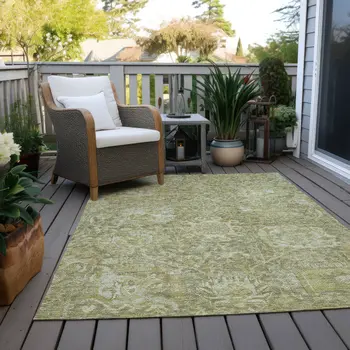 3' X 5' Sage And Green Damask Washable Indoor Outdoor Area Rug