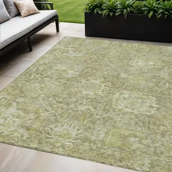 5' X 8' Sage And Green Damask Washable Indoor Outdoor Area Rug