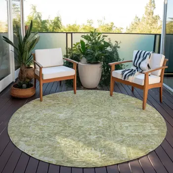 8' Sage And Green Round Damask Washable Indoor Outdoor Area Rug