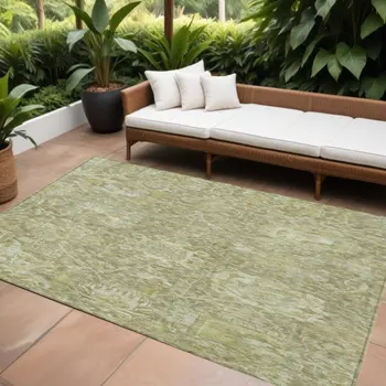8' X 10' Sage And Green Damask Washable Indoor Outdoor Area Rug