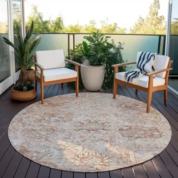 8' Coral And Gray Round Damask Washable Indoor Outdoor Area Rug