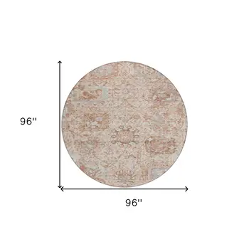 8' Coral And Gray Round Damask Washable Indoor Outdoor Area Rug