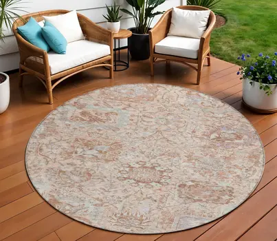 8' Coral And Gray Round Damask Washable Indoor Outdoor Area Rug