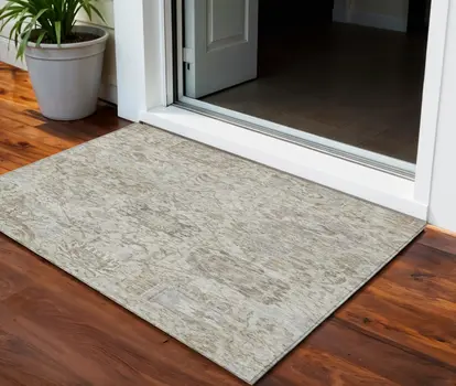 3' X 5' Ivory Brown And Gray Damask Washable Indoor Outdoor Area Rug