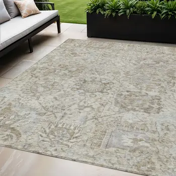 5' X 8' Ivory Brown And Gray Damask Washable Indoor Outdoor Area Rug