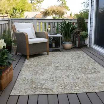 5' X 8' Ivory Brown And Gray Damask Washable Indoor Outdoor Area Rug