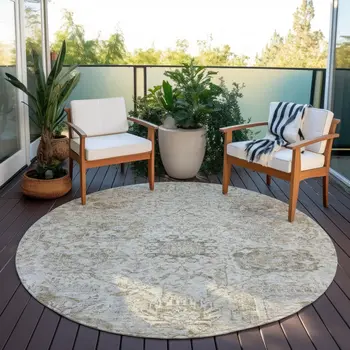 8' Ivory Brown And Gray Round Damask Washable Indoor Outdoor Area Rug