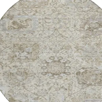 8' Ivory Brown And Gray Round Damask Washable Indoor Outdoor Area Rug