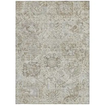 8' X 10' Ivory Brown And Gray Damask Washable Indoor Outdoor Area Rug