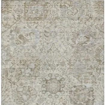 9' X 12' Ivory Brown And Gray Damask Washable Indoor Outdoor Area Rug