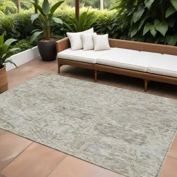 9' X 12' Ivory Brown And Gray Damask Washable Indoor Outdoor Area Rug