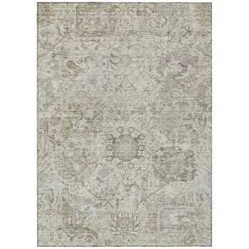 9' X 12' Ivory Brown And Gray Damask Washable Indoor Outdoor Area Rug