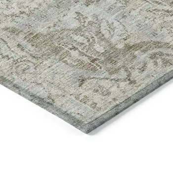 9' X 12' Ivory Brown And Gray Damask Washable Indoor Outdoor Area Rug