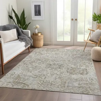 9' X 12' Ivory Brown And Gray Damask Washable Indoor Outdoor Area Rug