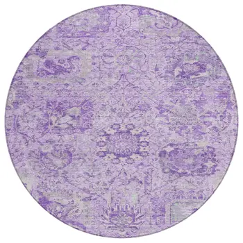 8' Lavender And Gray Round Damask Washable Indoor Outdoor Area Rug