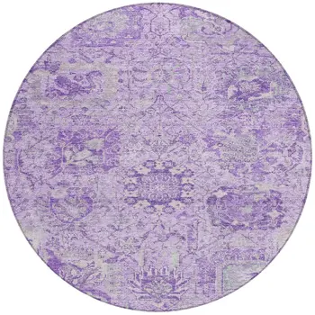 8' Lavender And Gray Round Damask Washable Indoor Outdoor Area Rug