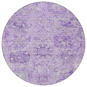 8' Lavender And Gray Round Damask Washable Indoor Outdoor Area Rug