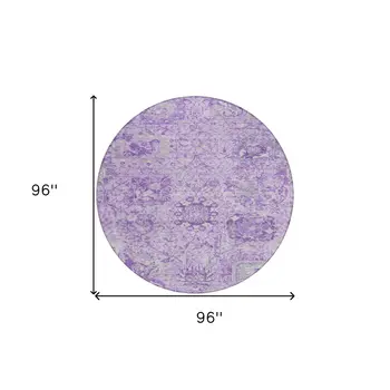8' Lavender And Gray Round Damask Washable Indoor Outdoor Area Rug