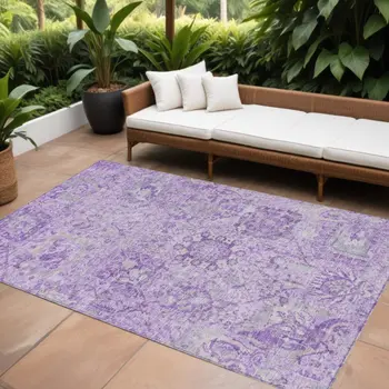 8' X 10' Lavender And Gray Damask Washable Indoor Outdoor Area Rug