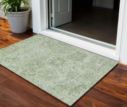 3' X 5' Mint Green And Gray Damask Washable Indoor Outdoor Area Rug