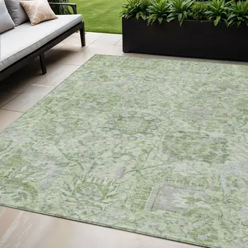 5' X 8' Mint Green And Gray Damask Washable Indoor Outdoor Area Rug