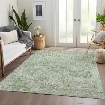 5' X 8' Mint Green And Gray Damask Washable Indoor Outdoor Area Rug