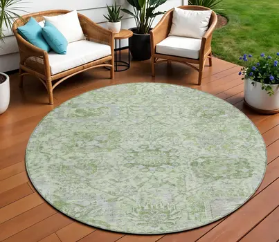 8' Mint Green And Gray Round Damask Washable Indoor Outdoor Area Rug