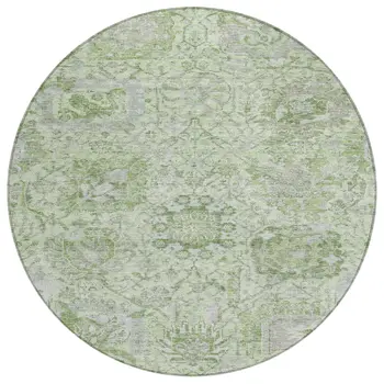 8' Mint Green And Gray Round Damask Washable Indoor Outdoor Area Rug