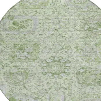 8' Mint Green And Gray Round Damask Washable Indoor Outdoor Area Rug