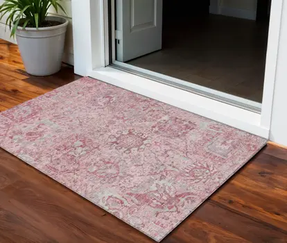 3' X 5' Pink And Gray Damask Washable Indoor Outdoor Area Rug
