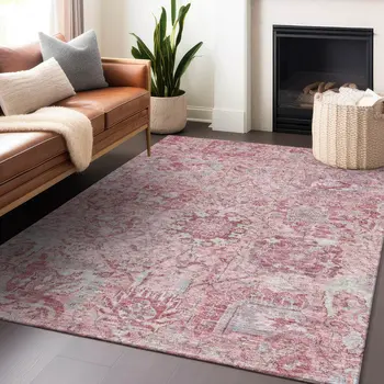 3' X 5' Pink And Gray Damask Washable Indoor Outdoor Area Rug