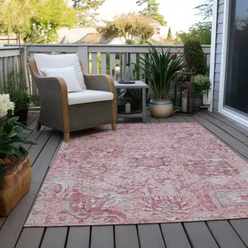 3' X 5' Pink And Gray Damask Washable Indoor Outdoor Area Rug