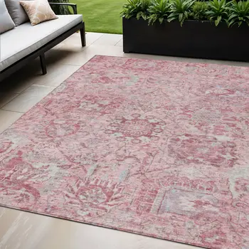 5' X 8' Pink And Gray Damask Washable Indoor Outdoor Area Rug