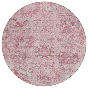 8' Pink And Gray Round Damask Washable Indoor Outdoor Area Rug