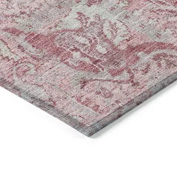 8' Pink And Gray Round Damask Washable Indoor Outdoor Area Rug