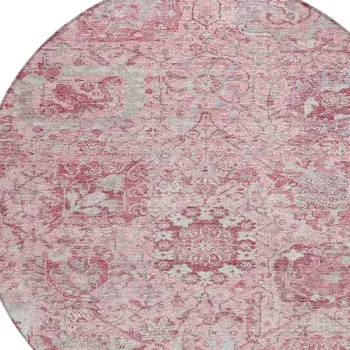 8' Pink And Gray Round Damask Washable Indoor Outdoor Area Rug