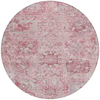 8' Pink And Gray Round Damask Washable Indoor Outdoor Area Rug