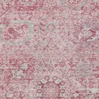 9' X 12' Pink And Gray Damask Washable Indoor Outdoor Area Rug