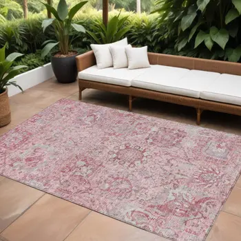 10' X 14' Pink And Gray Damask Washable Indoor Outdoor Area Rug