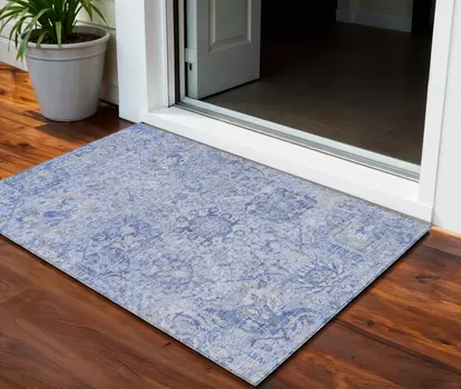 3' X 5' Sky Blue Ivory And Gray Damask Washable Indoor Outdoor Area Rug